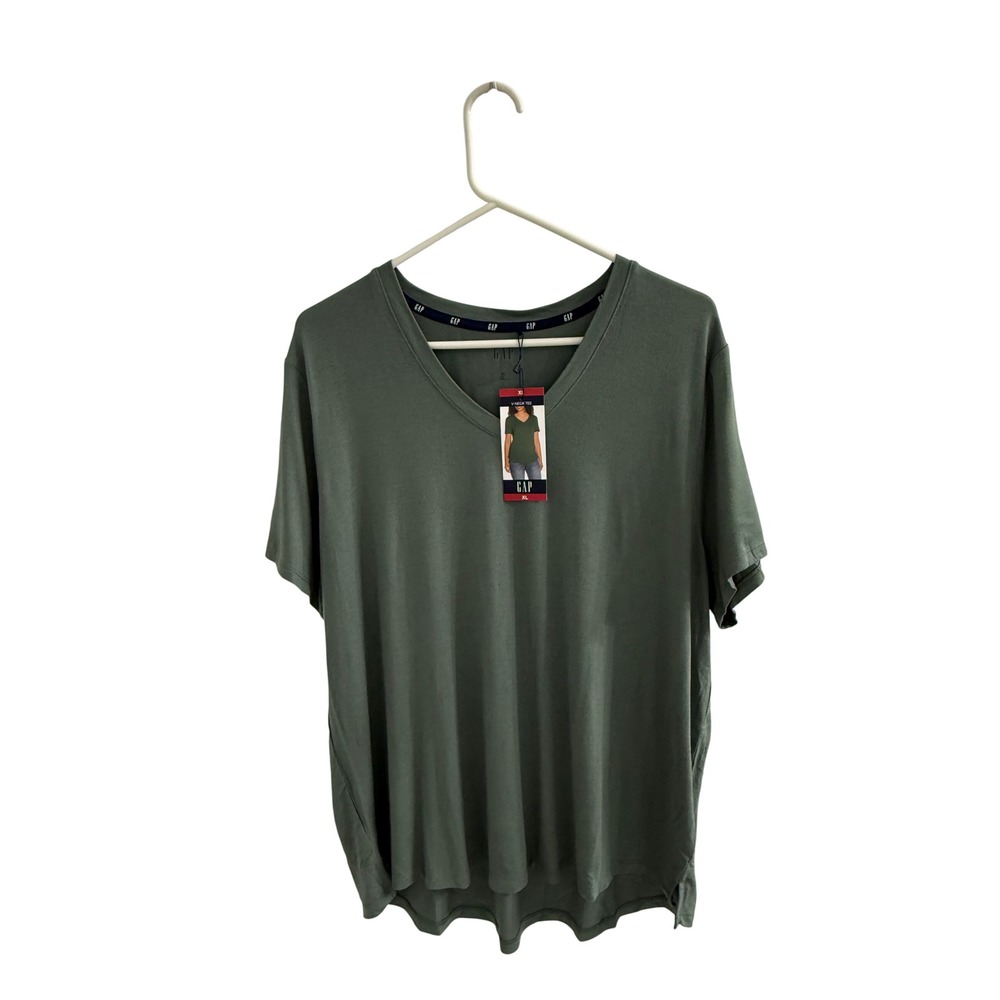 Gap Womens V-Neck Tee Olive Green Short Sleeve Rayon Spandex T-Shirt XL New